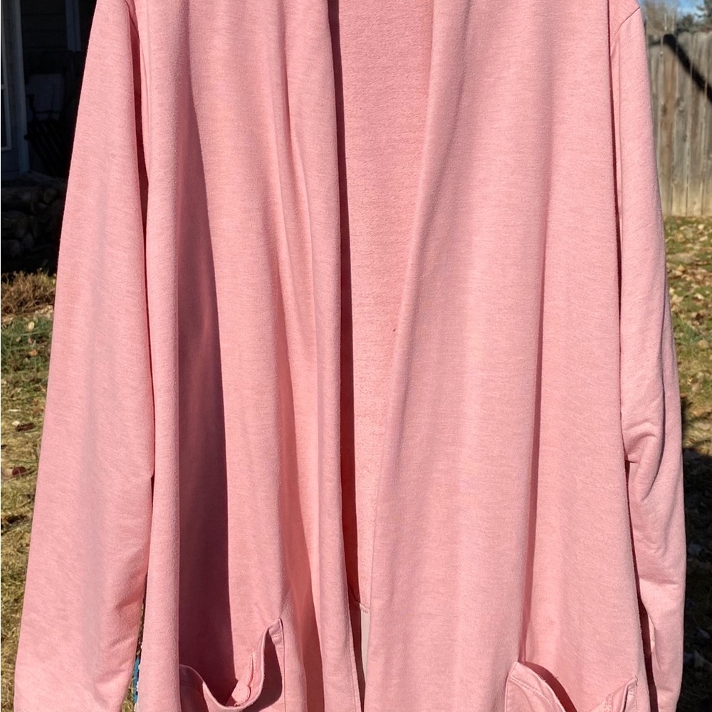 Logo by Lori Goldstein pink knit cardigan with Swiss dot ruffle 3X